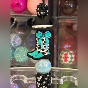 Handcrafted Turquoise Cowgirl Boot  Black & White Cowgirl Hat Beaded Pen